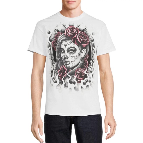 Humor Men's Large Flame Roses Pinup Graphic T Shirt Short Sleeve White - Picture 2 of 3